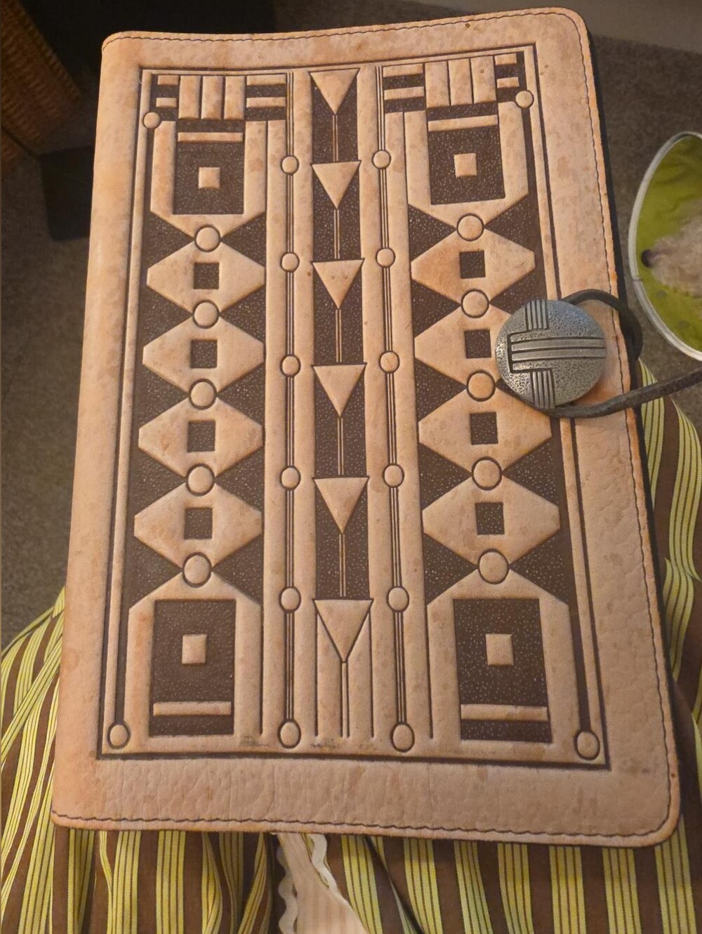 Vintage Leather 6x9 Book Cover Art Deco Geometric Etched Metal Closure